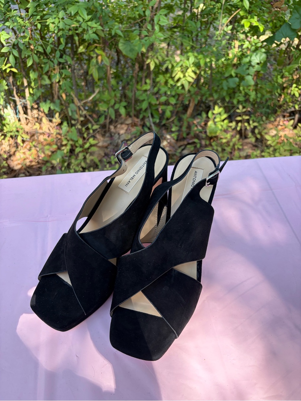 ANTONIO MELANI Black Suede Crisscross Slingback Platform Heels